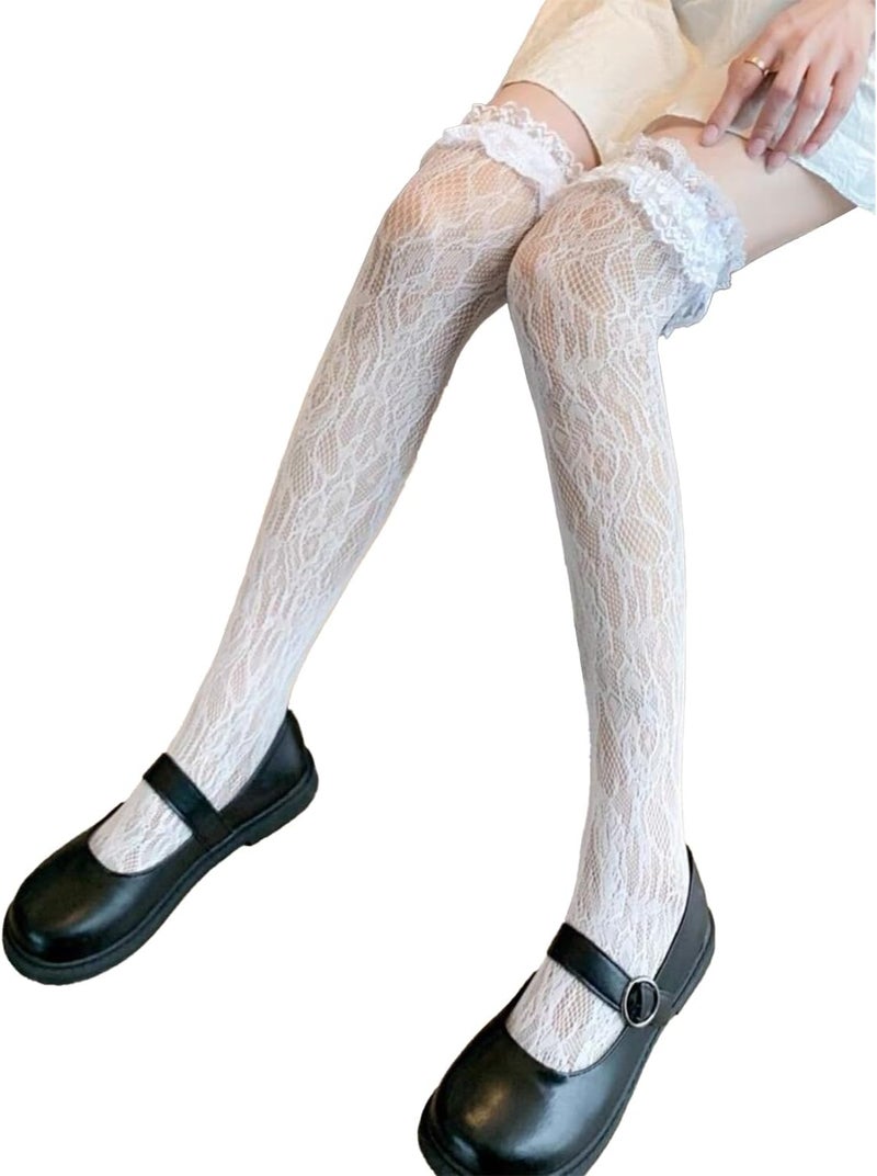 Ninejuize Thigh High Stockings with Bow, Santa Accessory Y2K Fishnet Socks with Lace Brim Lingerie Tights for Women - Image 3